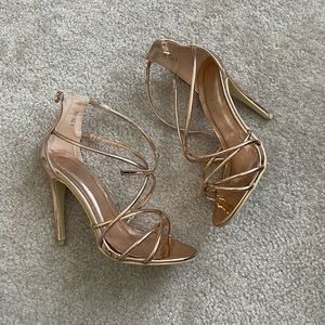 Metallic rose gold strappy heels